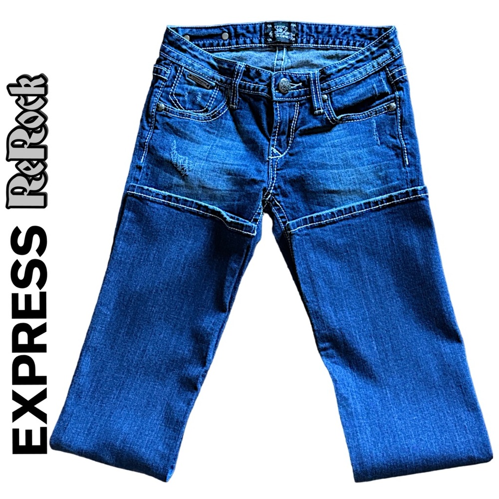 NEW Express ReRock Women’s Jeans, Retro Slim Bootcut, Distressed, Sanded Size 0R - Picture 6 of 12